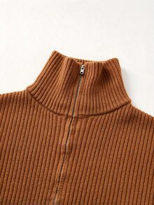 SHEIN 新款春夏秋冬運動風羅紋針織中長版緊身洋裝 女款 半拉鍊領 蝙蝠袖 長袖 側開衩 - 橘色 - 查看 5