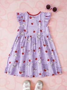HELLO KITTY AND FRIENDS | SHEIN Young Girl Cartoon Cherry Print Round Neck Flutter Sleeve Cute Dress - Purple - View 2