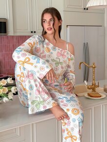 Slumberry CURVE Sweet Cute Colorblock Bow & Floral Print Asymmetric Shoulder Strap Knit Plus Size Pajama Set - Multicolor - View 3
