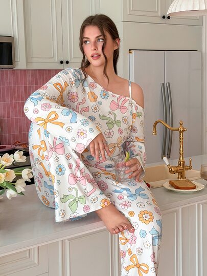 Slumberry CURVE Sweet Cute Colorblock Bow & Floral Print Asymmetric Shoulder Strap Knit Plus Size Pajama Set