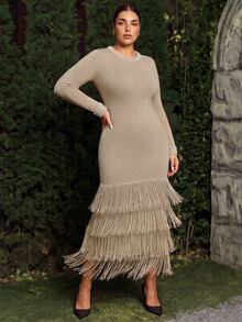 VOLUPTÉ CURVE Plus Size Elegant Style Tassel Hem Beaded Shiny Knit Dress Christmas - Khaki - View 8