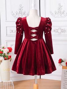 SHEIN 女童天鵝絨亮片公主禮服，酒紅色珍珠裝飾，泡泡長袖，A字裙，生日、聖誕、秋季優雅聖誕袍 - 酒紅色 - 查看 9