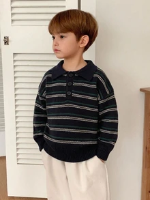Hapijoa Sweater Rajut Tebal Garis Kontras Kerah POLO untuk Anak Laki-laki (Ukuran Kecil), Lapisan Dalam Dasar, Musim Gugur/Dingin - Navy Blue - View 5