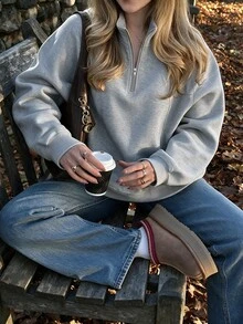 Easura Plus Size Women's White Floral Grey Raglan Sleeve Half-Zip Stand Collar Sweatshirt, Loose Fit Raglan Sleeve, Minimalist Versatile Top For Commuting And Shopping, Autumn/Winter - Grey - View 1
