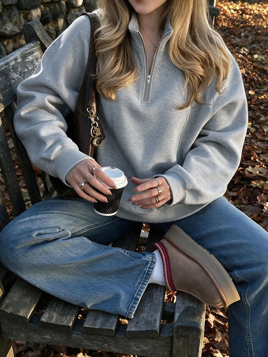 Easura Plus Size Women's White Floral Grey Raglan Sleeve Half-Zip Stand Collar Sweatshirt, Loose Fit Raglan Sleeve, Minimalist Versatile Top For Commuting And Shopping, Autumn/Winter - Grey - View 1