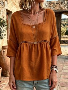 EMERY ROSE Plus Size Lady's Round-Neck Casual Resort Autumn Shirt - Orange - View 4
