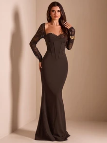 SHEIN BAE CURVE 大尺碼黑色蕾絲拼接洋裝 秋季款 - 咖啡棕 - 查看 4