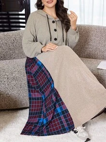 Al Najma Plus Size Women's Plaid Patchwork Hooded Arabian Dress - Multicolor - View 3