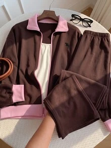 SHEIN EZwear 大尺碼拼色拉鍊長袖運動衫與寬鬆長褲兩件套，棕色休閒寬鬆性感，適合秋季旅行、派對與居家 - 鏽棕色 - 查看 7