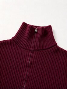 SHEIN 新款春夏秋冬運動風羅紋針織中長版貼身洋裝 女款 半拉鍊領 蝙蝠袖長袖 側開衩 - 中紫紅色 - 查看 5