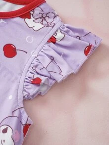 HELLO KITTY AND FRIENDS | SHEIN Young Girl Cartoon Cherry Print Round Neck Flutter Sleeve Cute Dress - Purple - View 5