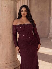 Coutiva Elegant Classy Cold Shoulder Fitted Long Evening Dress For Formal Dinner Evening Banquet Wedding Brown Autumn - Burgundy - View 4