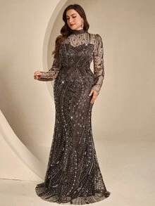 Coutiva Plus Size Beaded Heavy Embroidery Long Sleeve High Neck Maxi Formal Evening Gown (Heavy Work Style) - Brown - View 5