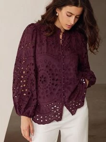 BELROSIE 夏季新款法式風情高級休閒復古優雅重工刺繡鏤空百褶泡泡長袖襯衫，適合早午餐茶會，丁香紫 - 酒紅色 - 查看 4