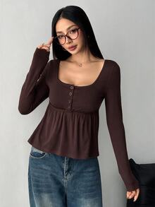 SHEIN EZwear 女款軍綠色前排扣長袖休閒襯衫，適合秋冬 - 咖啡棕 - 查看 4