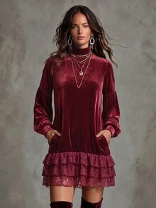 Solivie Women's Autumn Sweatshirt Top Red Velvet Sweatshirt With Contrast Lace - Burgundy - View 5
