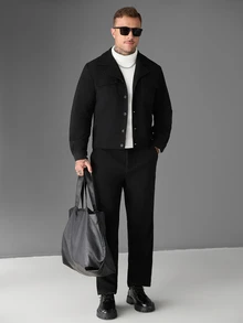SLATEMANN Setelan Jas Pria Musim Gugur/Dingin Warna Hitam Campuran Wol, Jaket Kerja Berkerah + Celana Panjang Lurus, Set 2 Potong Kasual Premium untuk Berkomuter. - Hitam - View 3