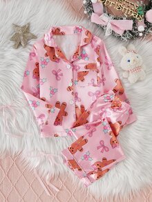 Young Girl Autumn/Winter Christmas Pajamas 2pcs Gingerbread Man Satin Button Long Sleeve Pants Lapel Print Girls - Multicolor - View 1