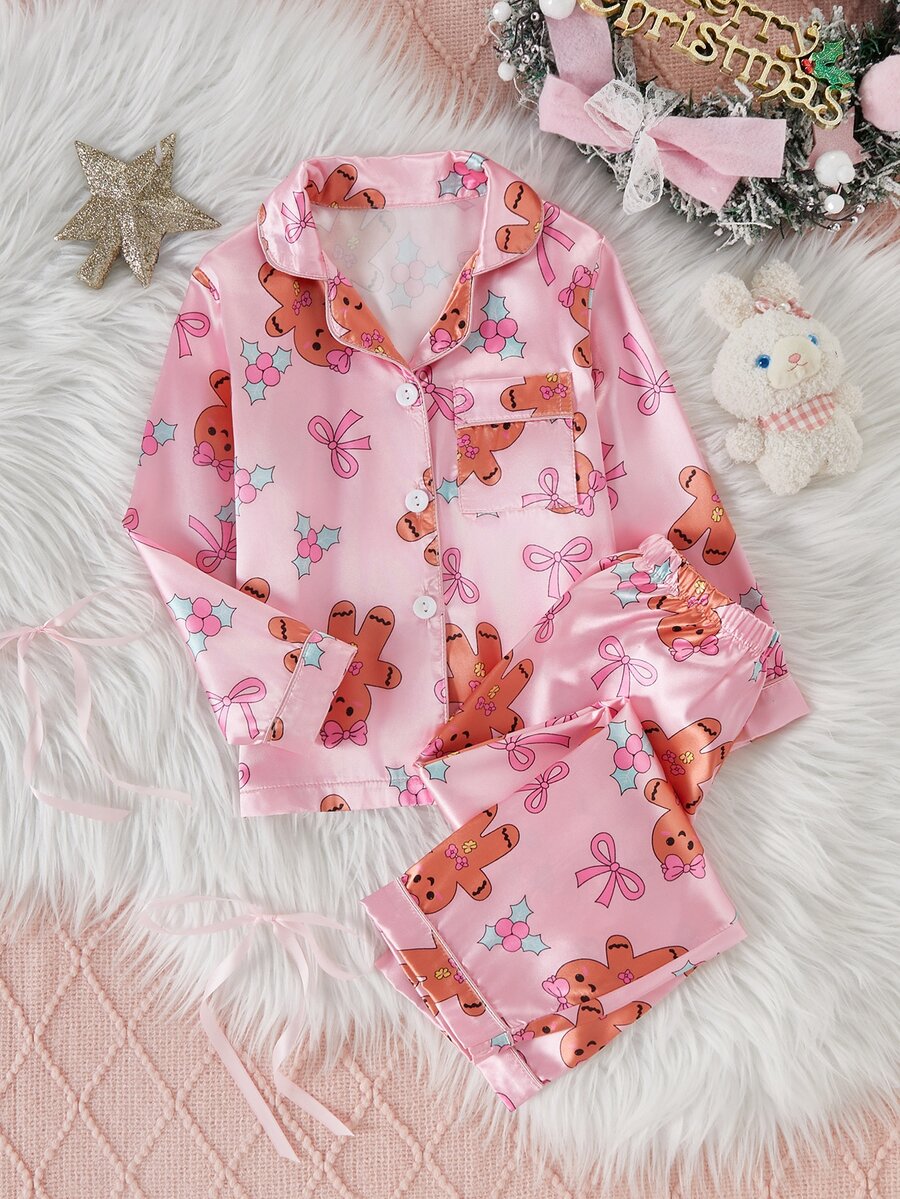 Young Girl Autumn/Winter Christmas Pajamas 2pcs Gingerbread Man Satin Button Long Sleeve Pants Lapel Print Girls - Multicolor - View 1
