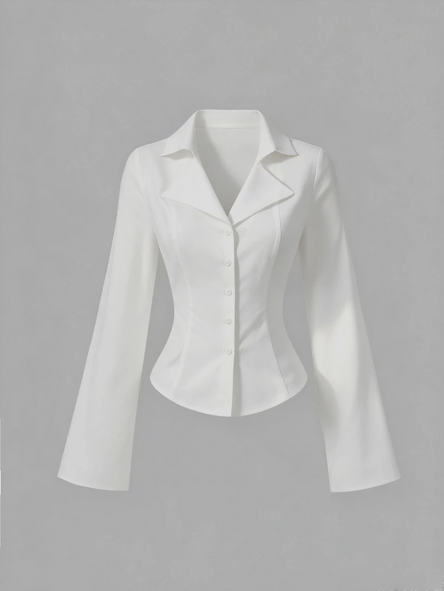 Sweetra Women's Vintage Spicy Style Fitted Long Sleeve Blouse With Cinched Waist And Flared Hem - White - View 1