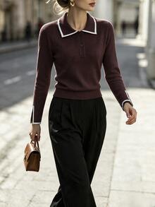 SHEIN 女款拼色休閒日常長袖針織衫 - 咖啡棕 - 查看 5