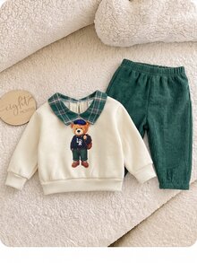 SHEIN 新生兒拼接格紋領卡通熊印花長袖衛衣與長褲休閒套裝 - 綠色 - 查看 4