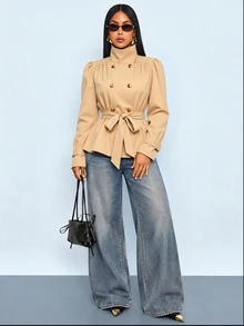 SOLERSUN Women's Solid Color Pleated Waist Knot Casual Versatile Trench Coat Jacket - Khaki - View 6