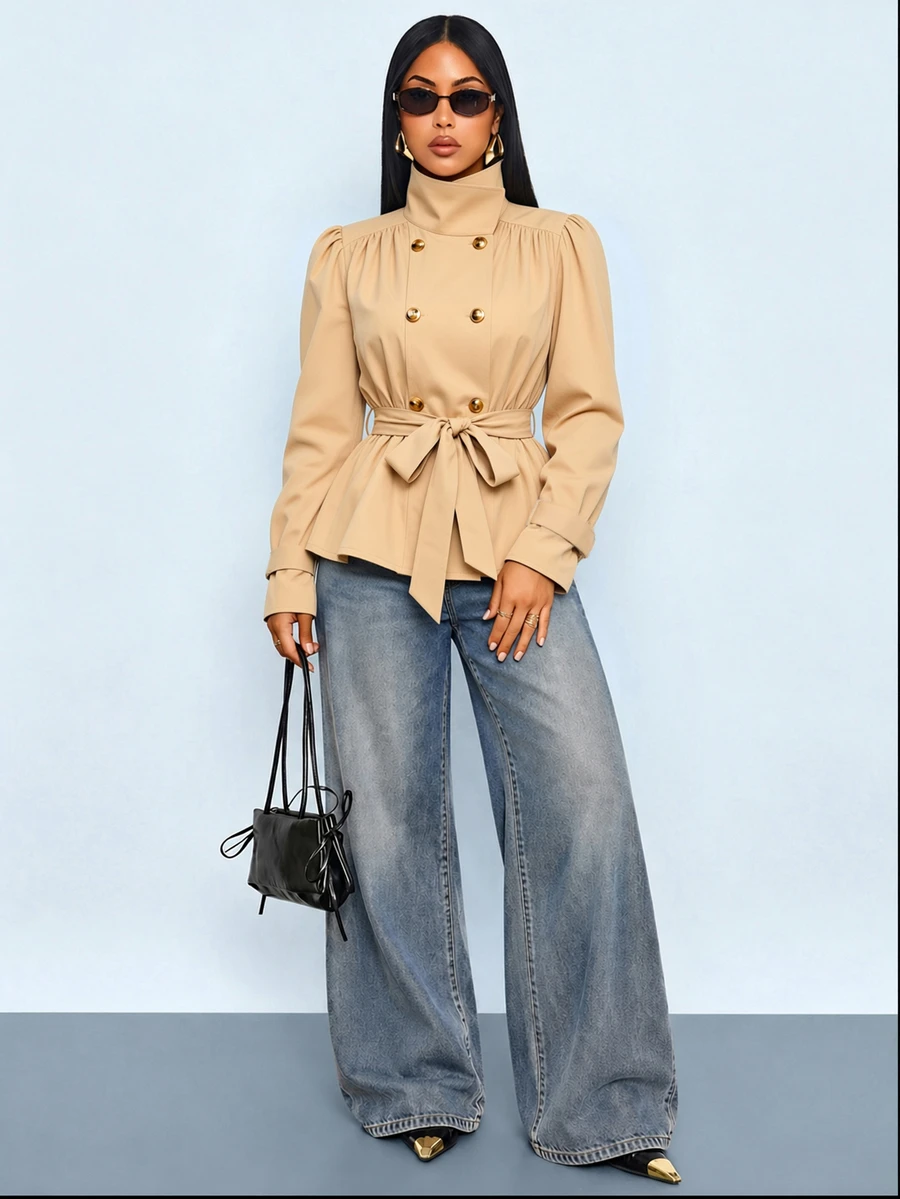 SOLERSUN Women's Solid Color Pleated Waist Knot Casual Versatile Trench Coat Jacket - Khaki - View 1