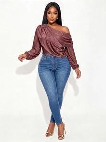 Poshavie Poshavie Plus Size Draped OneShoulder LongSleeve Top, Elegant Ruched OffShoulder Blouse, Casual Fitted Solid LongSleeve Top For GoingOut & Party - Mauve Purple - View 5