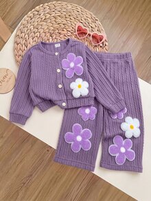 SHEIN Baby Girl 3D Floral Decor Long Sleeve Sweatshirt And Pants Casual Daily Outfit - Purple - View 2