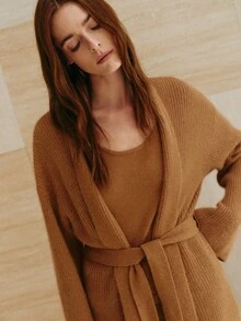 MOTF PREMIUM WOMEN'S LOOSE WOOL SWEATER CARDIGAN WITH TIE CLOSURE, CASUAL AUTUMN/WINTER OUTERWEAR - Camel - View 1