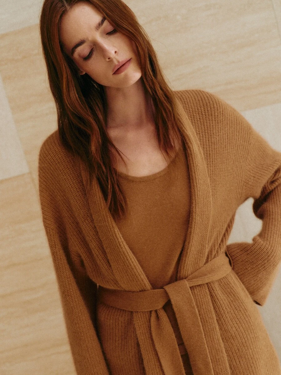 MOTF PREMIUM WOMEN'S LOOSE WOOL SWEATER CARDIGAN WITH TIE CLOSURE, CASUAL AUTUMN/WINTER OUTERWEAR - Camel - View 1