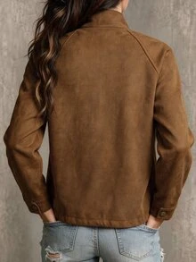 SHEIN American Vintage Premium Texture Drawstring Motorcycle Style Suede Velvet Stand Collar Jacket Short Coat - Khaki - View 2