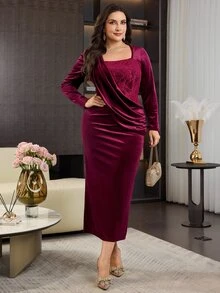 Modelyn Elegant Velvet & Contrast Lace Square Neck Draped Pleated Long Sleeve Fitted Regular Fit Plus Size Dress For Spring And Autumn - Burgundy - View 3