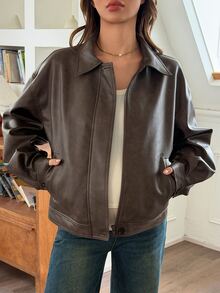 DAZY Solid Color Loose PU Jacket Coat, Vintage Street Style, Autumn/Winter, Maternity Regular Outerwear Leather - Coffee Brown - View 4