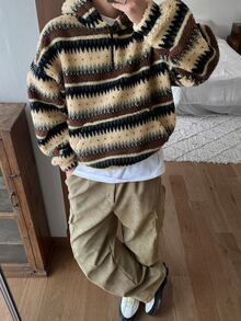 DAZY Autumn/Winter Teddy Fleece Vintage Striped Zip-Up Half-Open Hooded Sweatshirt For Men, Korean Style Hoodies - Multicolor - View 1