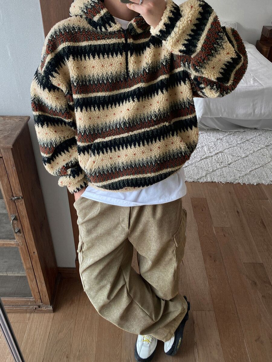 DAZY Autumn/Winter Teddy Fleece Vintage Striped Zip-Up Half-Open Hooded Sweatshirt For Men, Korean Style Hoodies - Multicolor - View 1