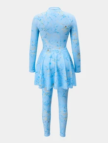 Swim Shayni Zipper Elegant Casual Conservative Women's Burkini Swimsuit Set, Suitable For Beach And Seaside Vacation - Baby Blue - View 7