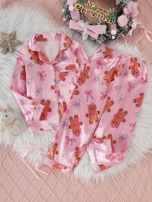 Young Girl Autumn/Winter Christmas Pajamas 2pcs Gingerbread Man Satin Button Long Sleeve Pants Lapel Print Girls - Multicolor - View 3