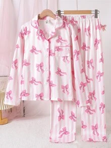 Teen Girl Bow Print Long Sleeve Top And Pants Lounge Set - Pink - View 3