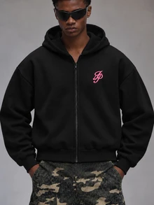 HypeHours Men's Letter Print Zip-Up Hoodie Sweatshirt Sweatshirt - Black - View 4