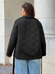 Easura Plus Size Women Solid Color Long Sleeve Waist Tie Casual Winter Jacket - Black - View 2