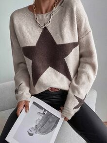 Pariaura 落肩星星圖案針織毛衣，長袖上衣套頭衫，秋冬款 - 米色 - 查看 1