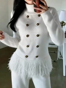 Omancia Autumn/Winter Double-Breasted Tassel Pullover Turtleneck Sweater - White - View 4