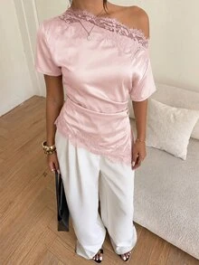 Aloruh 女款通勤外出單肩抓皺蕾絲拼接上衣，夏季棕色優雅性感上衣 - 粉色 - 查看 5