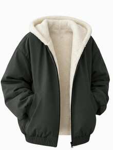 SHEIN 青少年男孩純色保暖內裡休閒日常連帽外套 - 綠色 - 查看 2