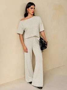 SHEIN Tall Women's Striped Knit Fabric Asymmetrical Shoulder Top + Knit Loungewear 2 Pieces Set - Multicolor - View 6