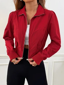 SHEIN EZwear 立領收腰純色拉鍊口袋長袖短版夾克 秋冬款 - 紅色 - 查看 4