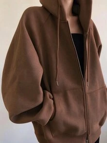 INAWLY 大尺碼女款寬鬆休閒連帽拉鍊開襟外套 秋季 - 棕色 - 查看 3