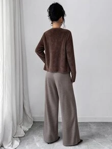 SHEIN Women's Knitted Solid Color Cardigan With Front Button Closure, Striped Slim Fit Camisole With Drawstring Detail, Elegant Casual Commute Daily Outing Pants 3 Pieces Set - Brown - View 2
